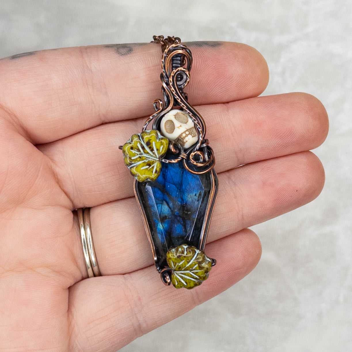 Labradorite Coffin Antiqued Copper Pendant With Czech Glass Leaves & Stone Skull