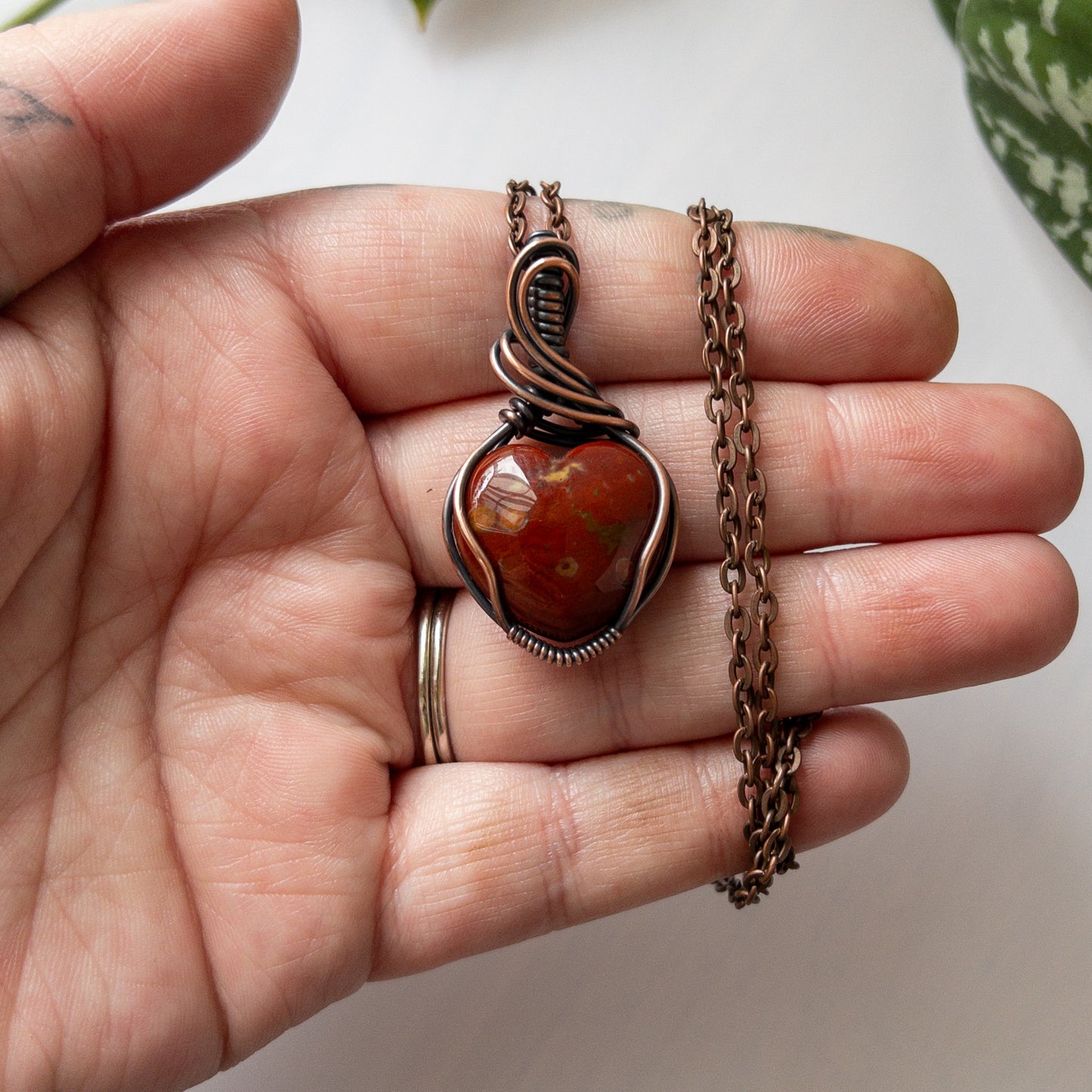 Red Ocean Jasper Heart & Copper Wrapped Pendant