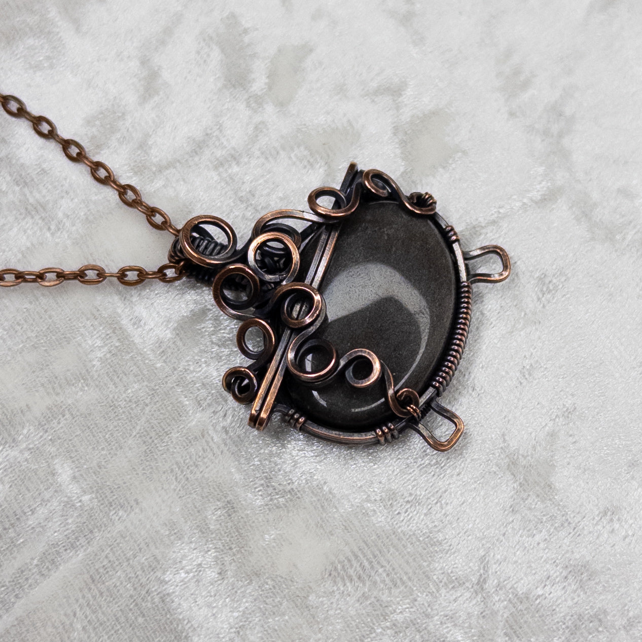 Silver Sheen Obsidian “Bubbling Cauldron” Antiqued Copper Pendant