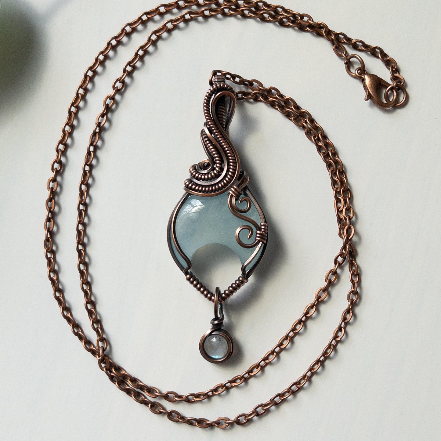 Aquamarine Moon With Moonstone Charm & Copper Wrapped Pendant