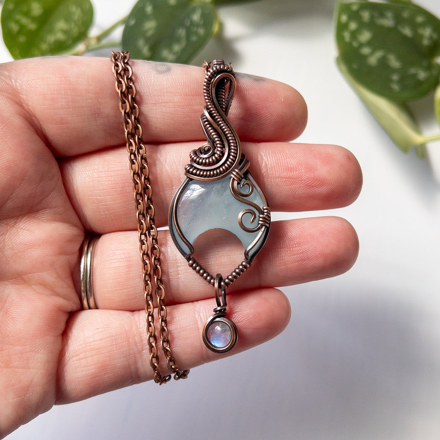 Aquamarine Moon With Moonstone Charm & Copper Wrapped Pendant