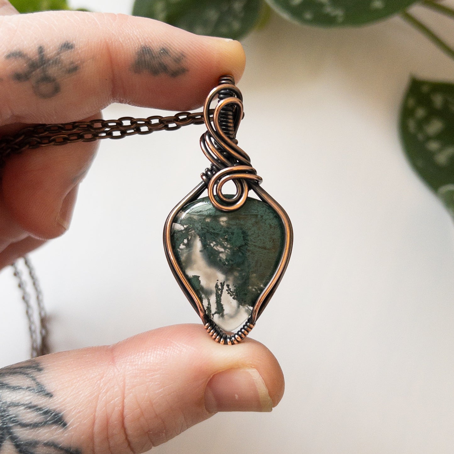 Moss Agate & Copper Wrapped Pendant