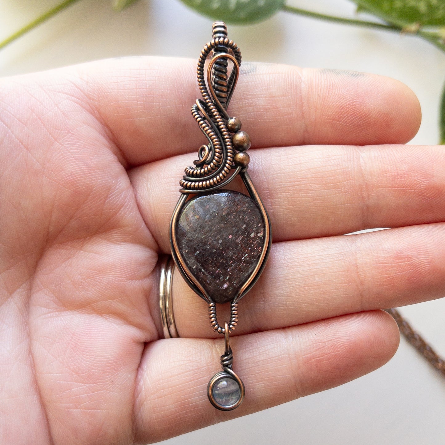 Iolite With Moonstone Copper Wrapped Pendant