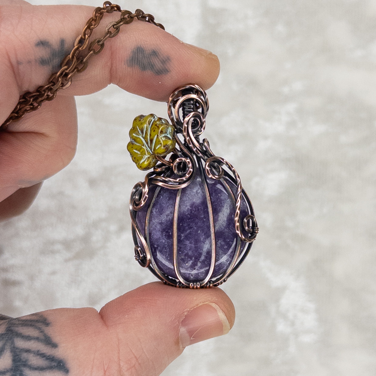 Lepidolite Antiqued Copper Pumpkin Pendant With Czech Glass Leaf