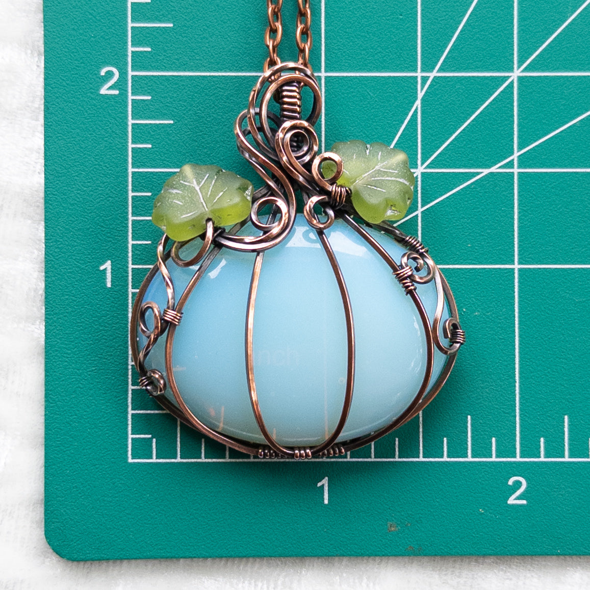 Opalite Glass Pumpkin Antiqued Copper Pendant With Czech Glass Leaves
