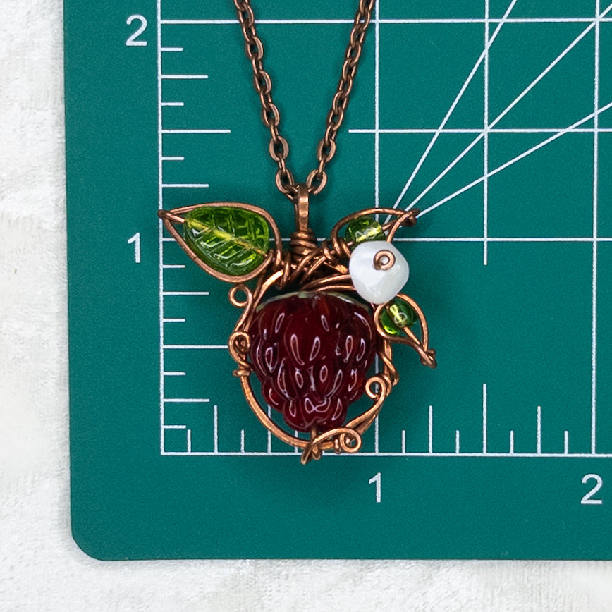 Whimsical Glass Raspberry Copper Wrapped Pendant with Shell Flower - D