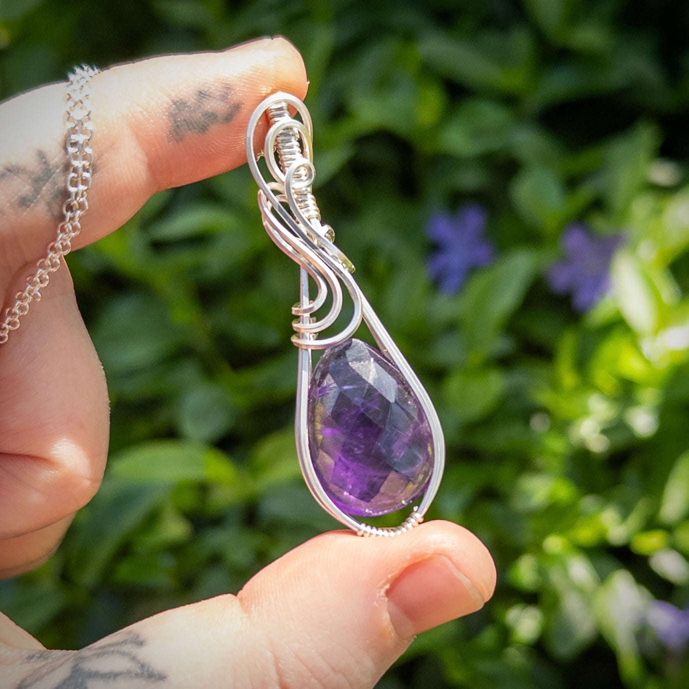 Rose Cut Amethyst Sterling Silver Wrapped Pendant