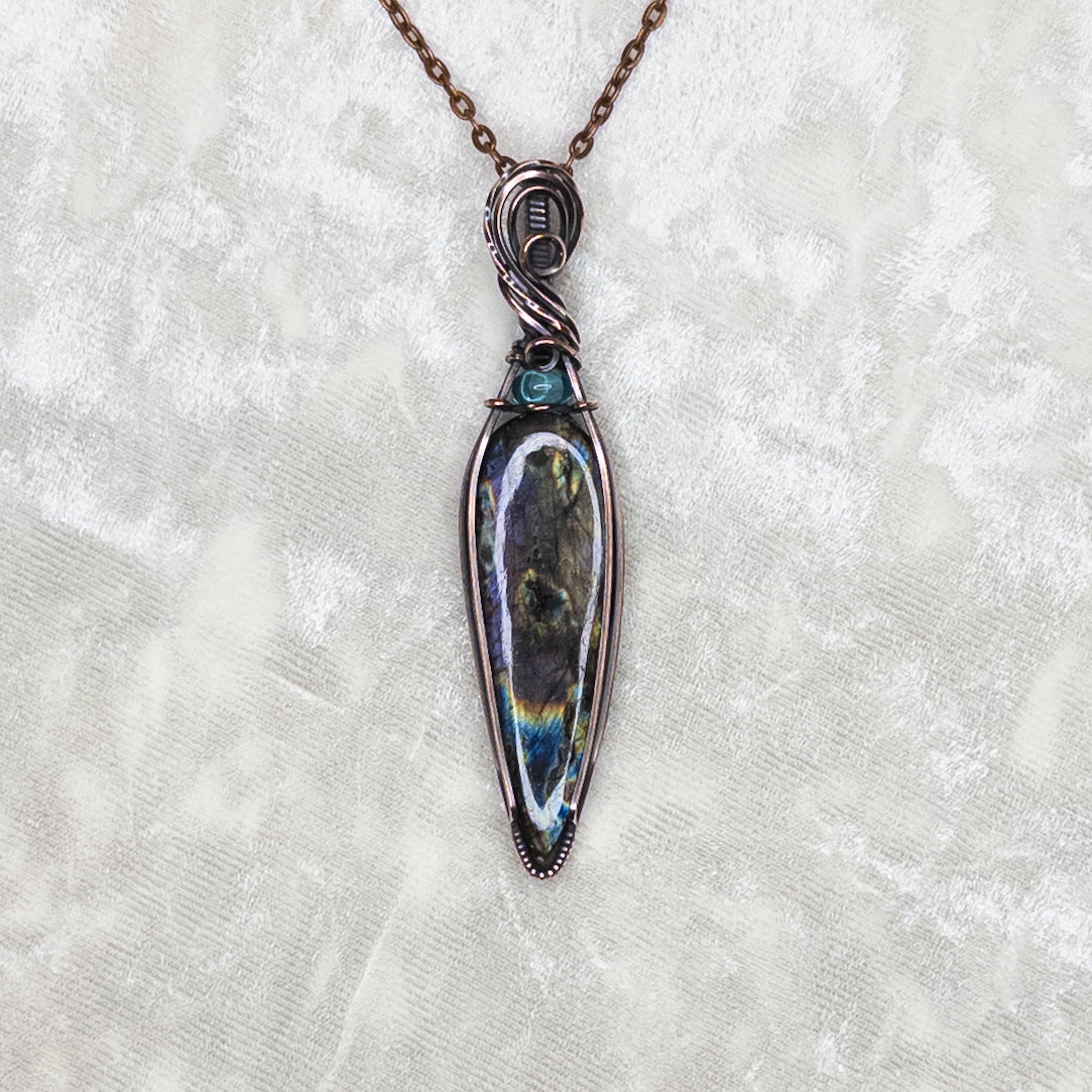 “Lightning Storm” Labradorite & Paraiba Apatite Antiqued Copper Wrapped Pendant
