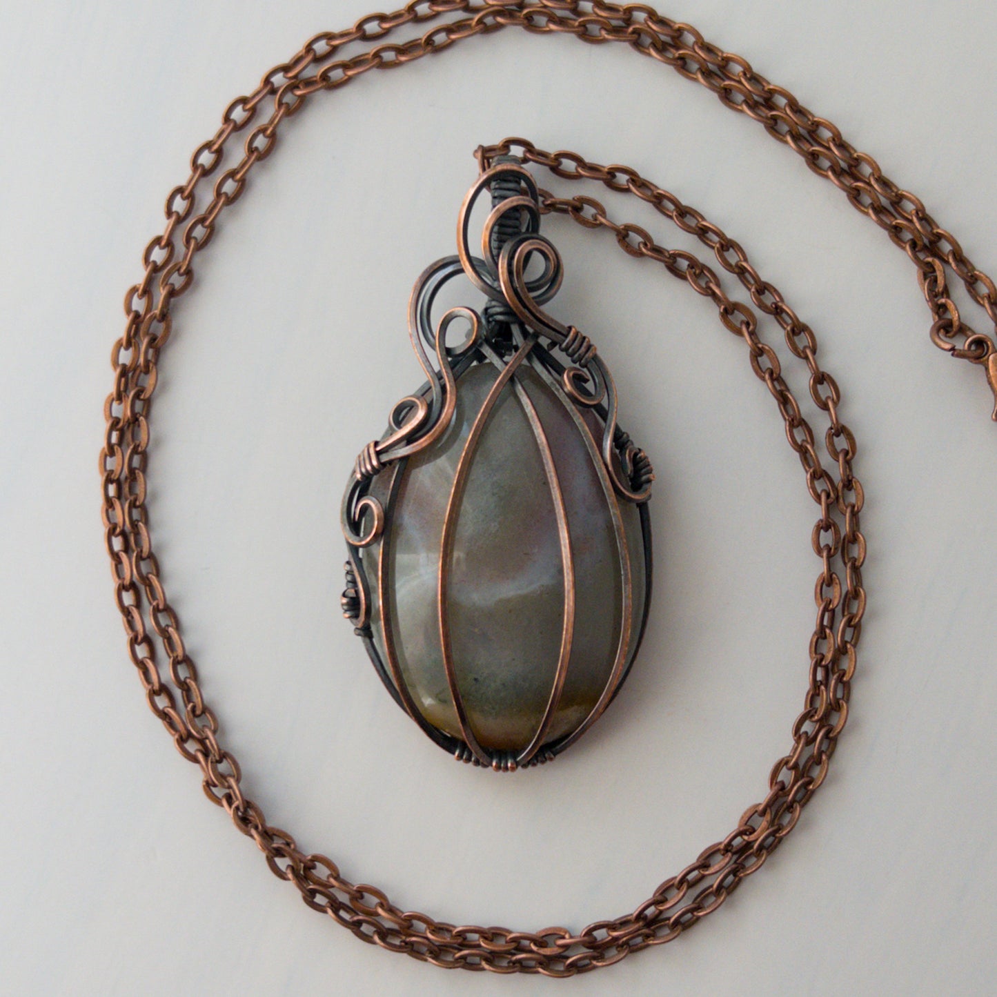 Grey India Agate Pumpkin Antiqued Copper Wrapped Pendant