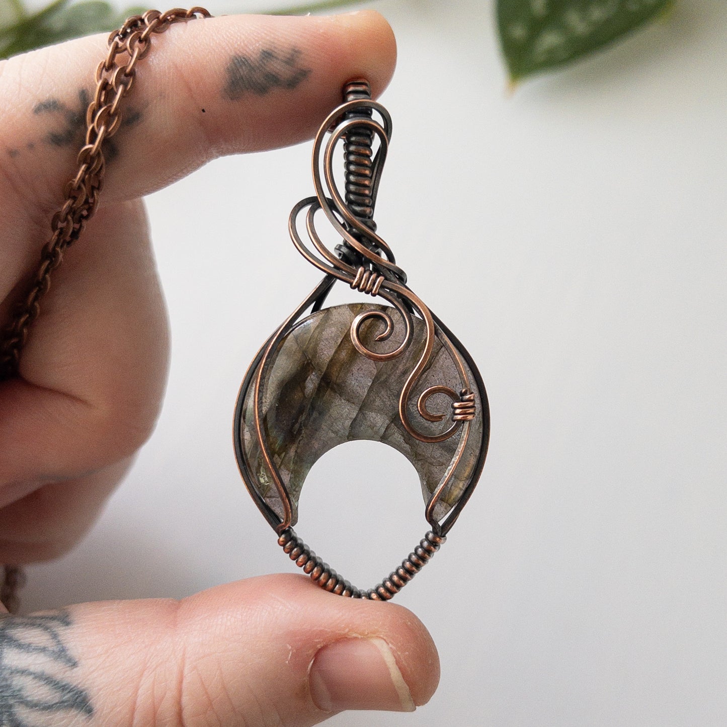 Labradorite Crescent Moon Copper Wrapped Pendant