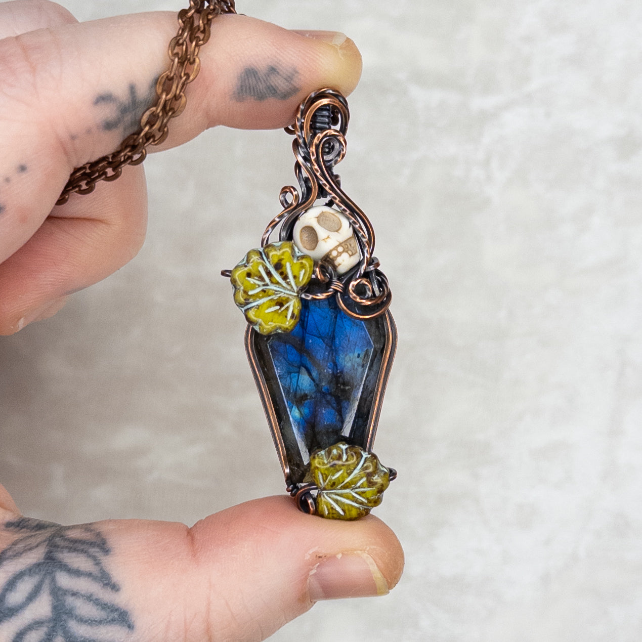 Labradorite Coffin Antiqued Copper Pendant With Czech Glass Leaves & Stone Skull