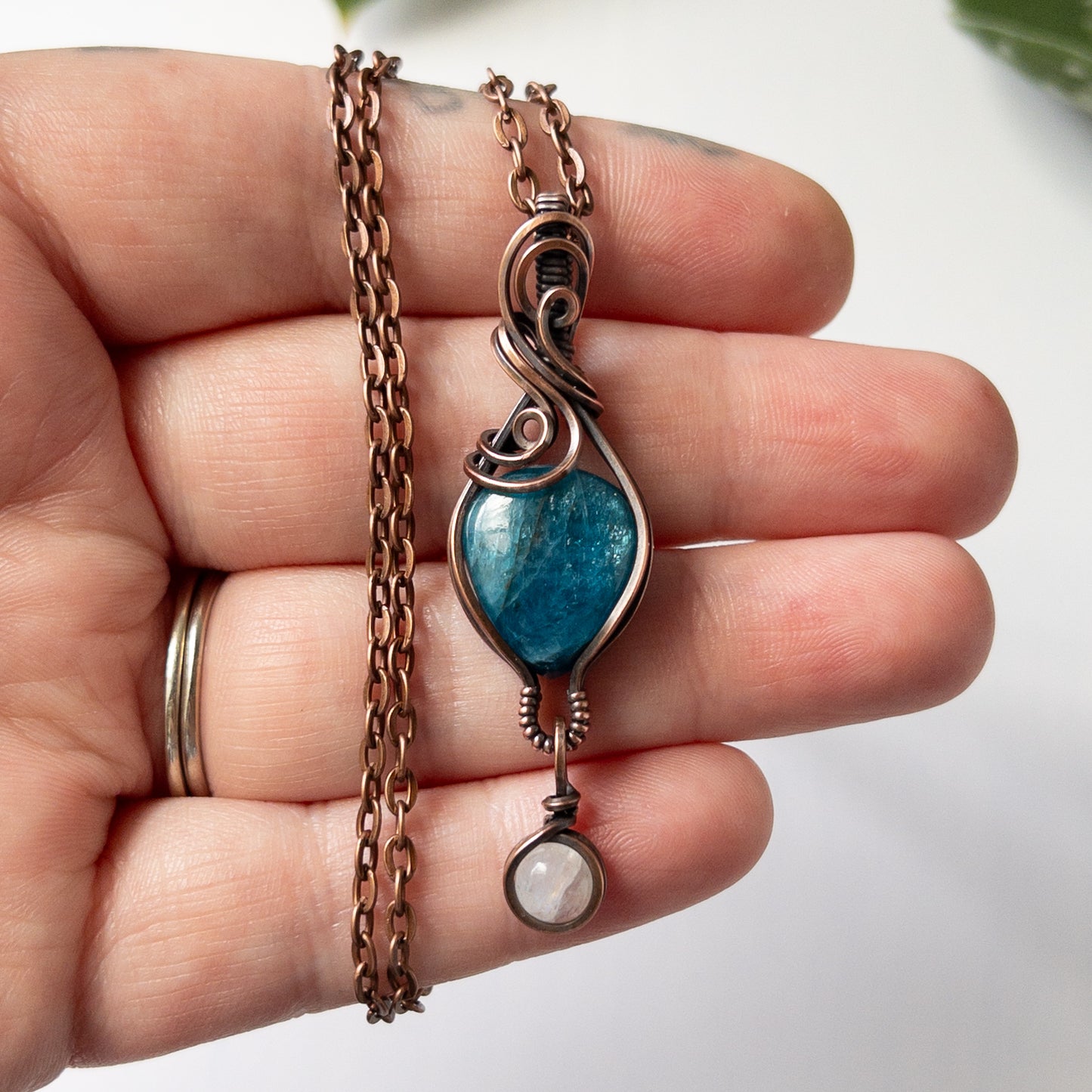 Apatite With Moonstone Charm & Copper Wrapped Pendant