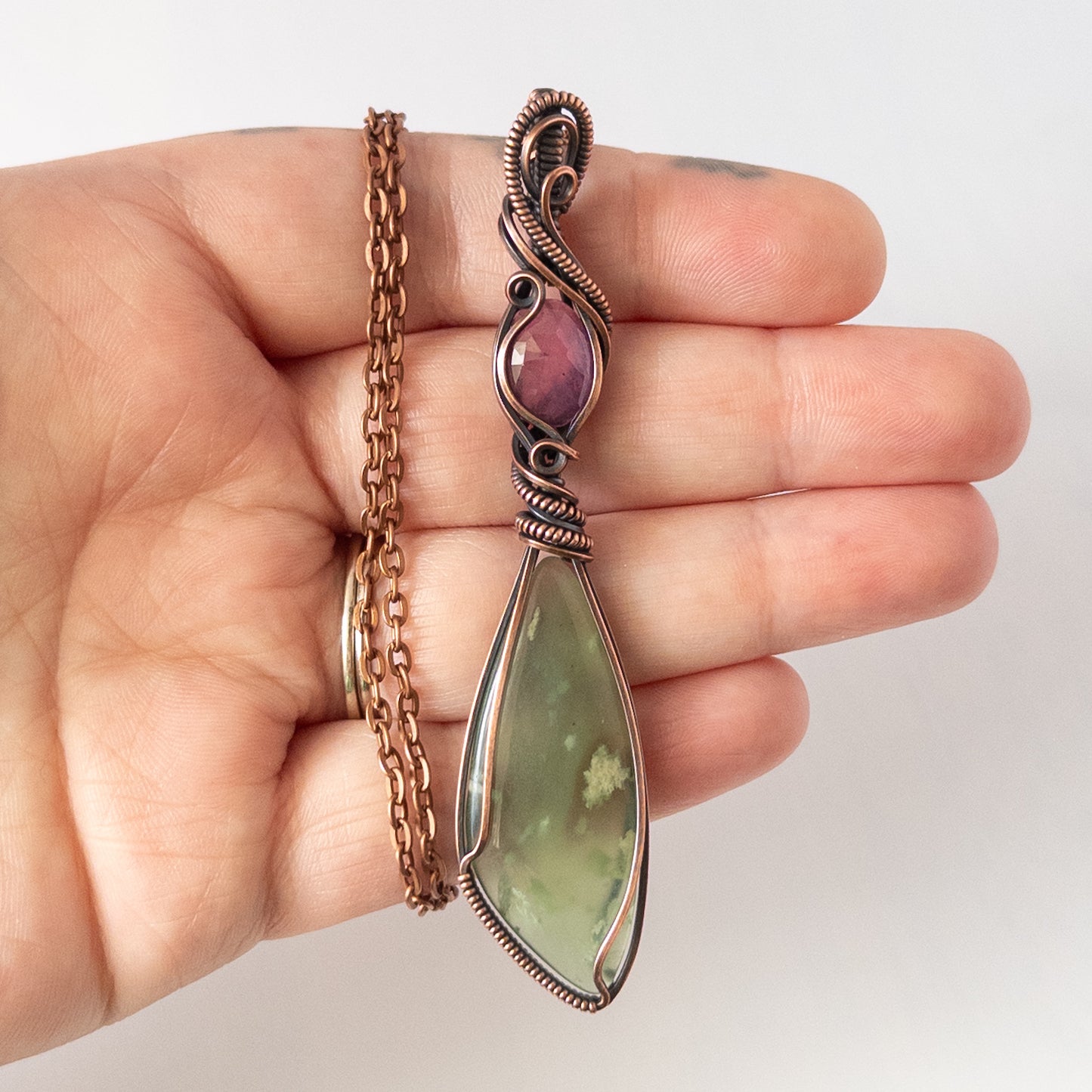 Tulip Inspired Prehnite & Pink Sapphire Antiqued Copper Wrapped Pendant