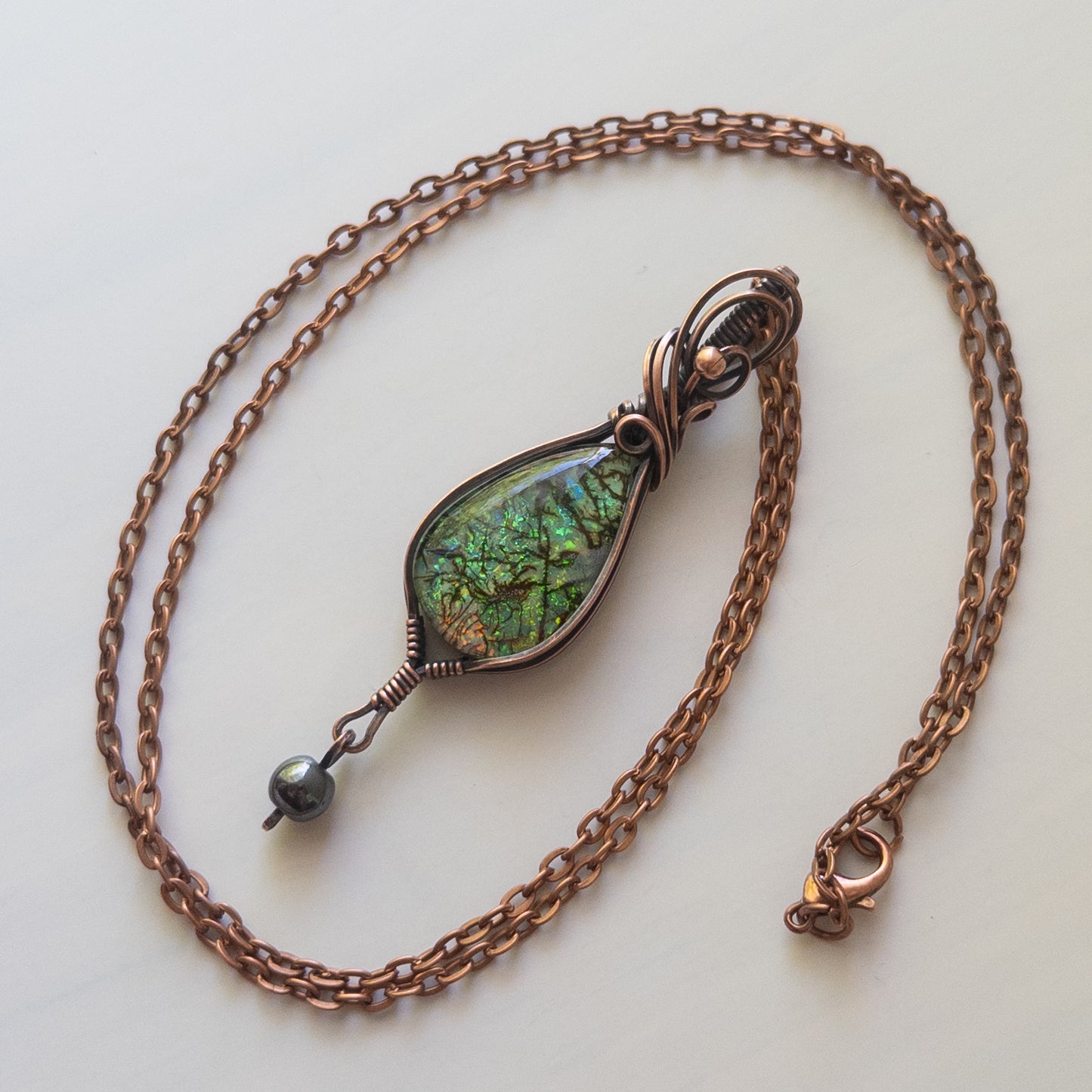 Monarch Opal & Hematite Antiqued Copper Wrapped Pendant