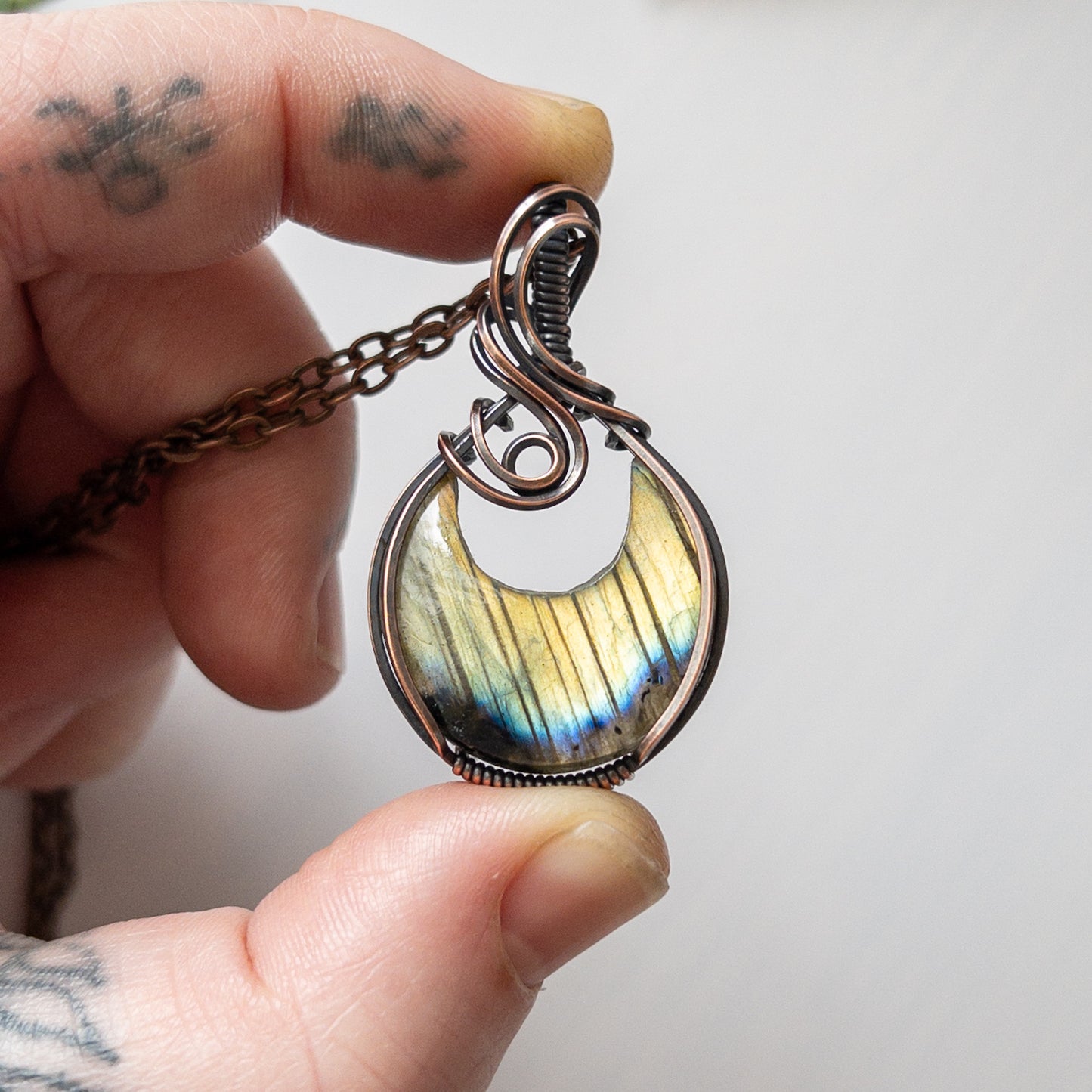 Labradorite Moon & Copper Wrapped Pendant