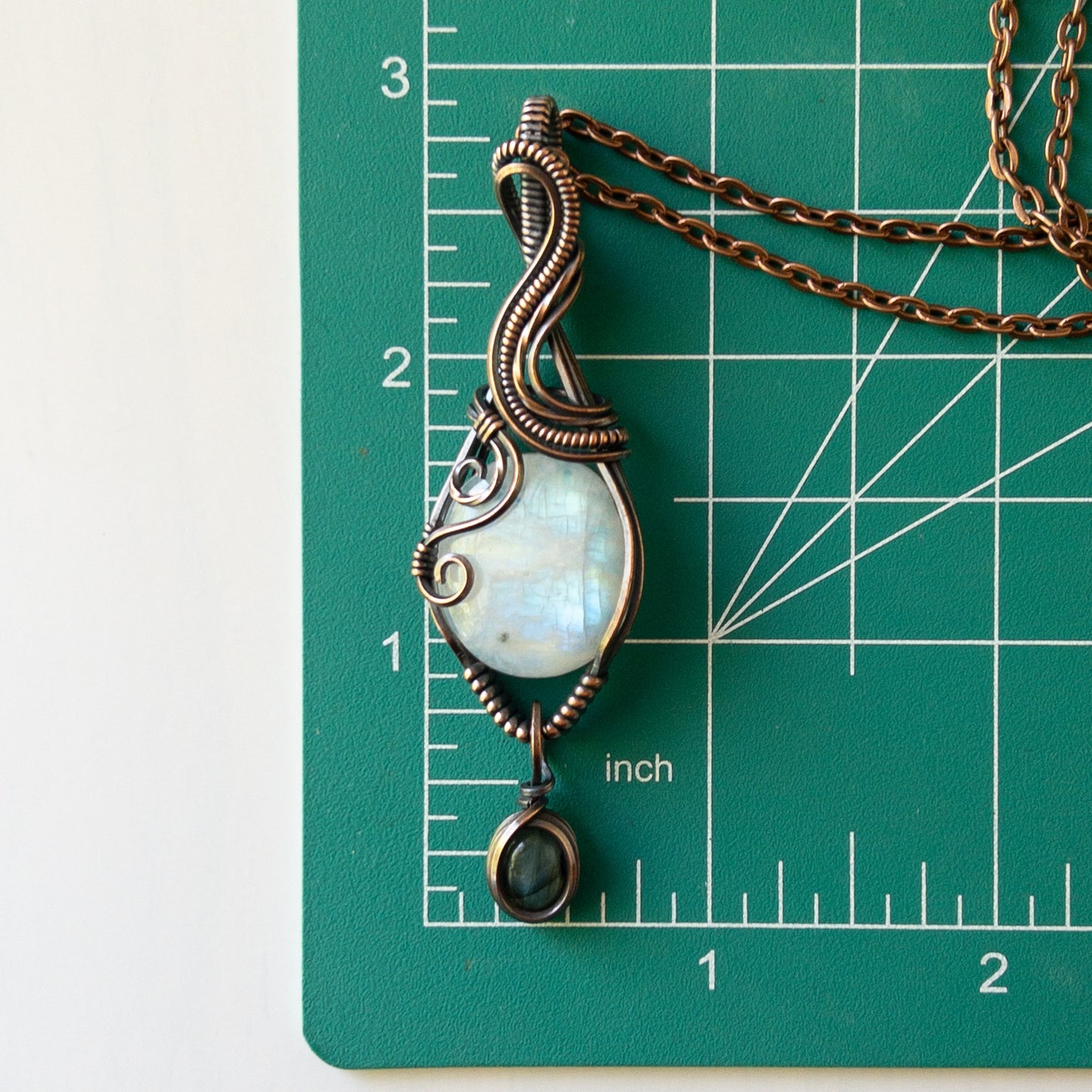 Rainbow Moonstone With Labradorite Charm Copper Wrapped Pendant