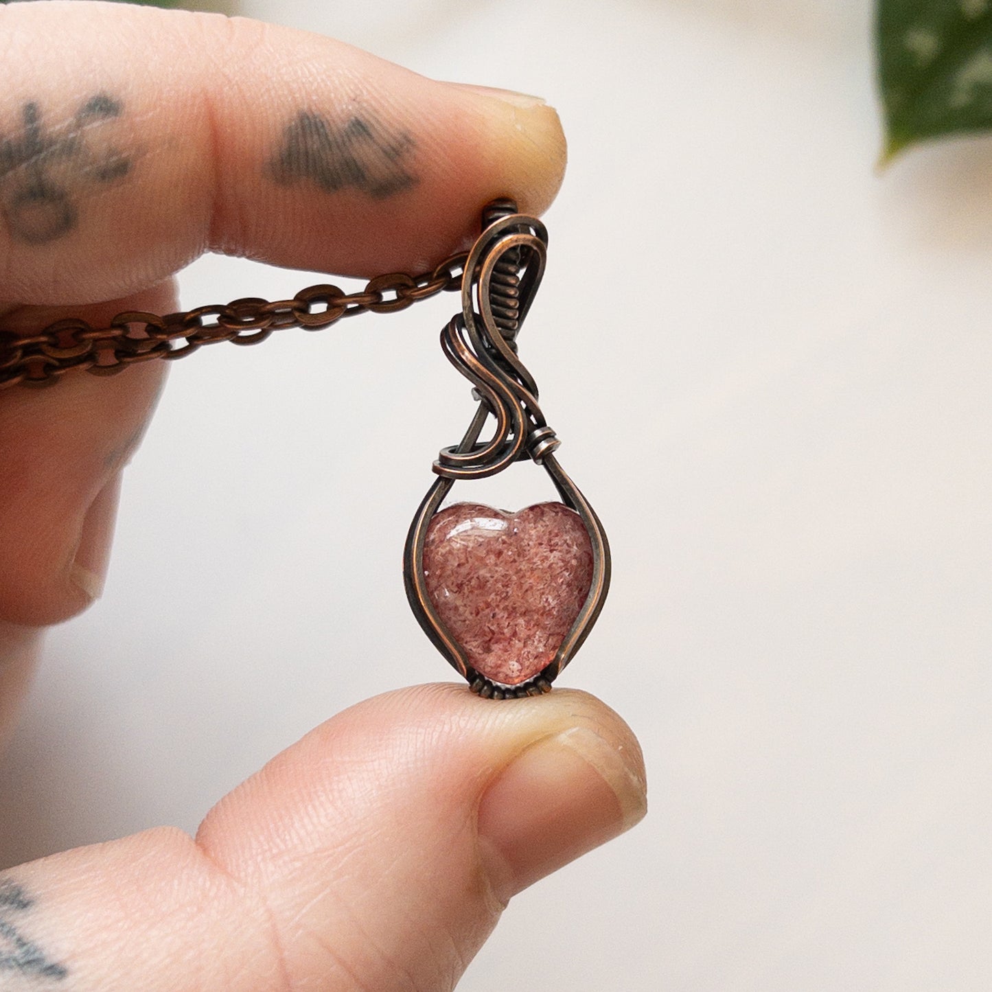 Mini Strawberry Quartz Heart & Copper Wrapped Pendant - C