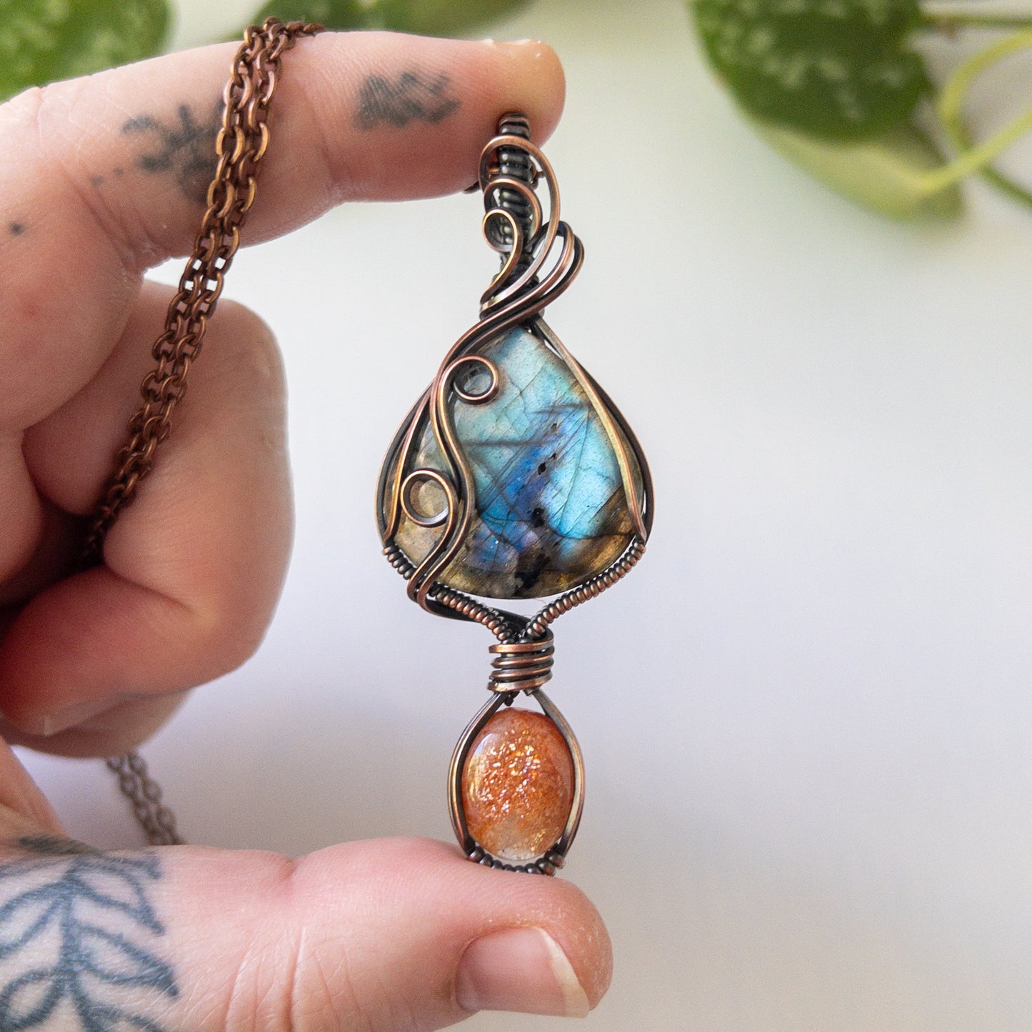 Labradorite & Sunstone Copper Wrapped Pendant