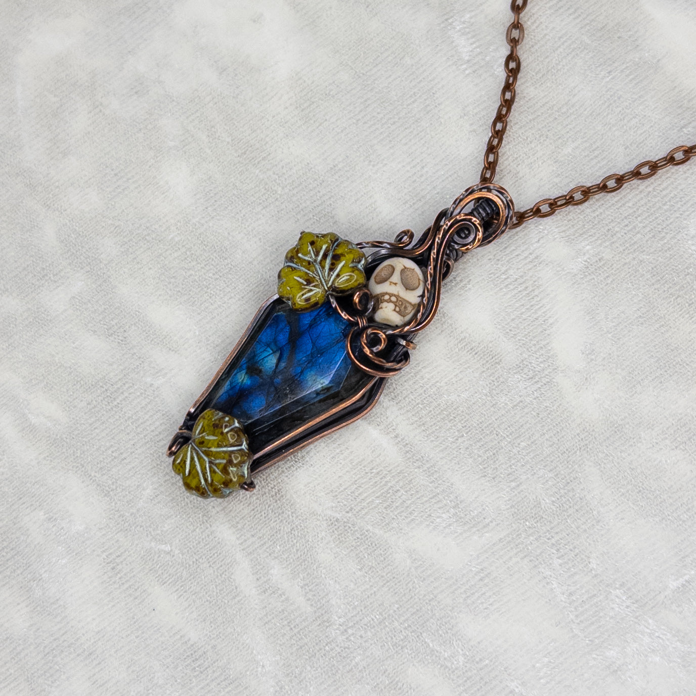 Labradorite Coffin Antiqued Copper Pendant With Czech Glass Leaves & Stone Skull