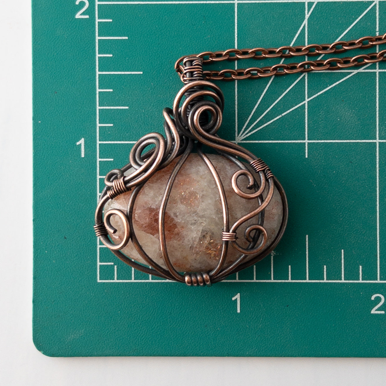 Short Sunstone Pumpkin Antiqued Copper Wrapped Pendant