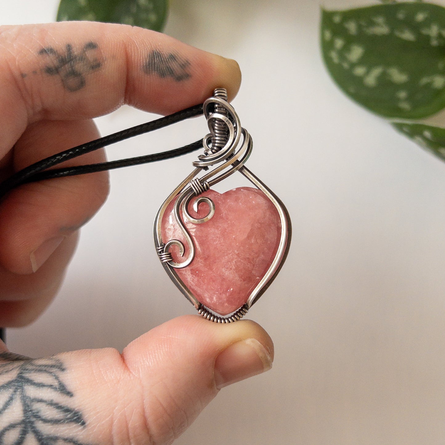 Large Rhodochrosite Heart & Sterling Silver Wrapped Pendant