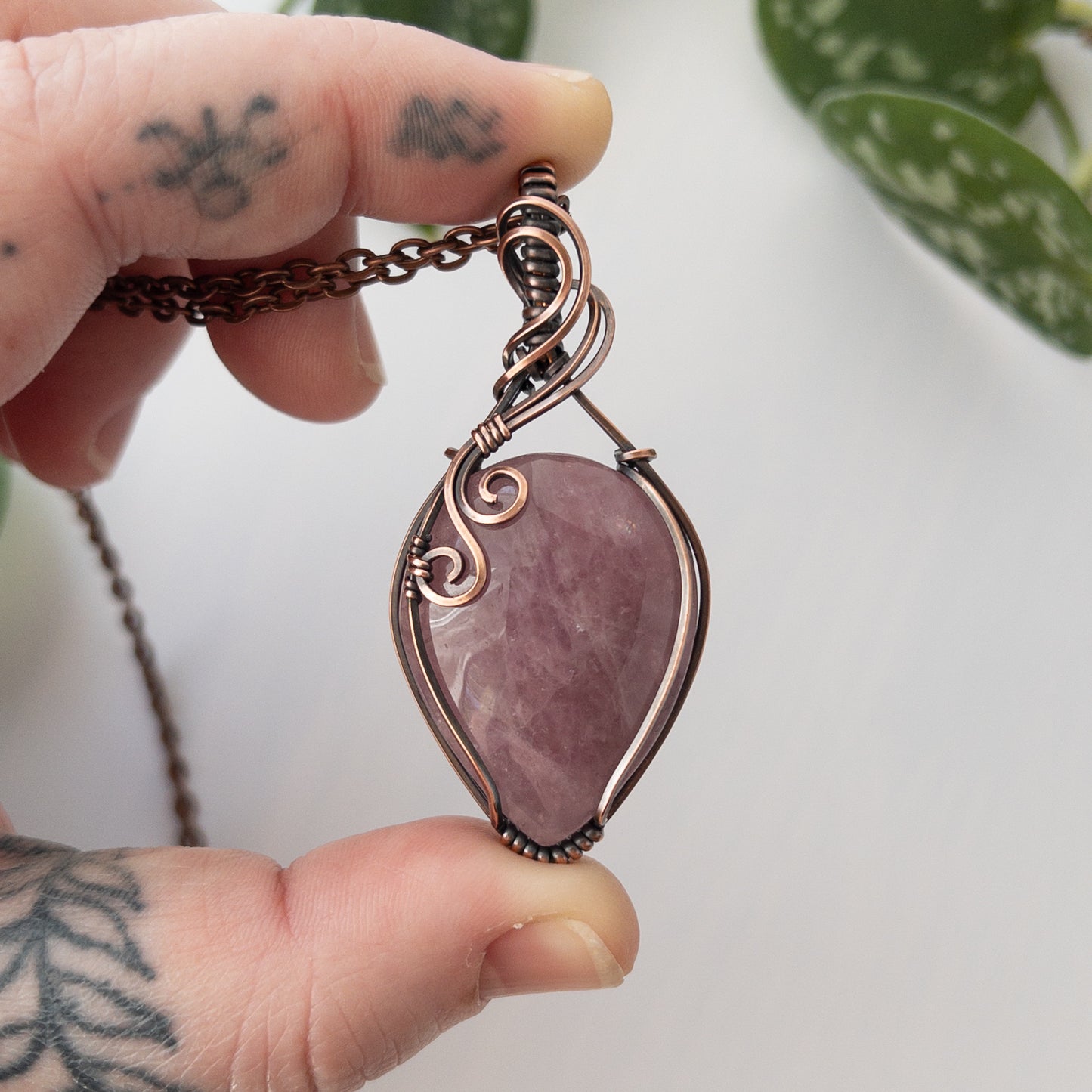 Lavender Rose Quartz & Copper Wrapped Pendant