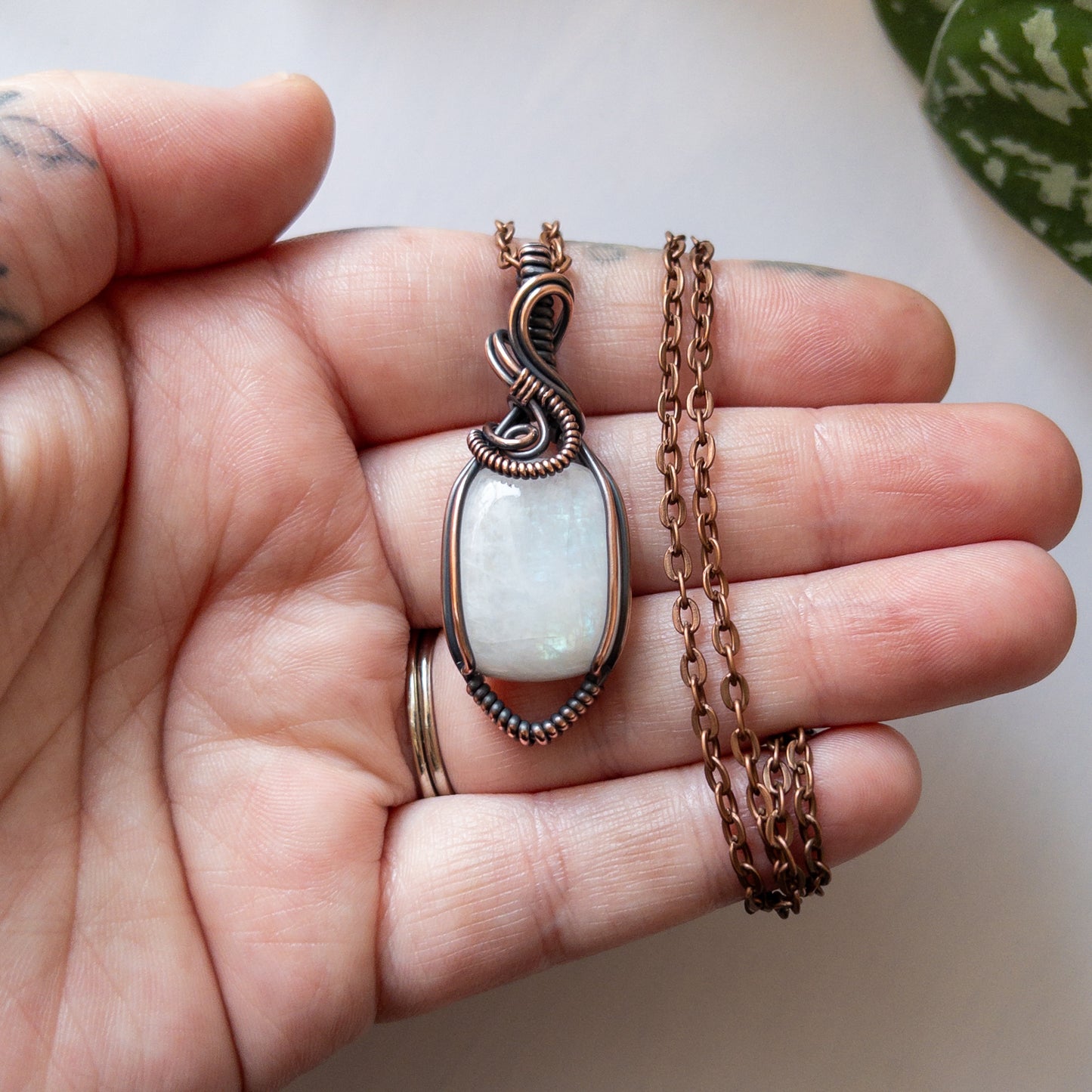 Rectangular Rainbow Moonstone & Copper Wrapped Pendant