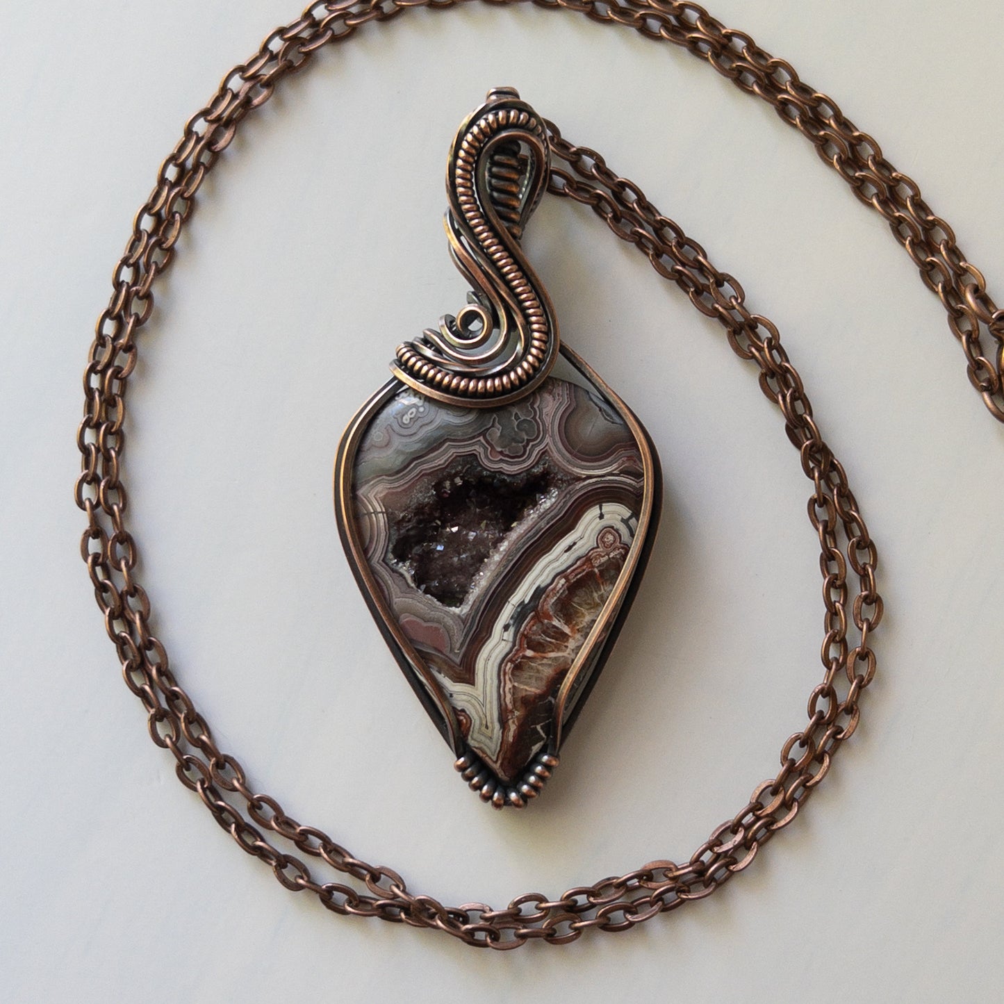 Mexican Lace Agate With Druzy Copper Wrapped Pendant