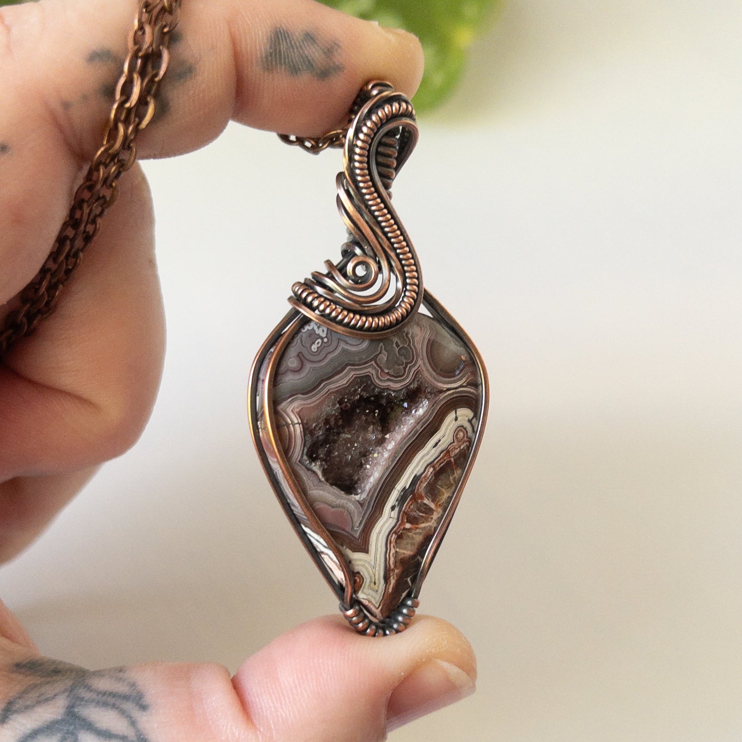 Mexican Lace Agate With Druzy Copper Wrapped Pendant