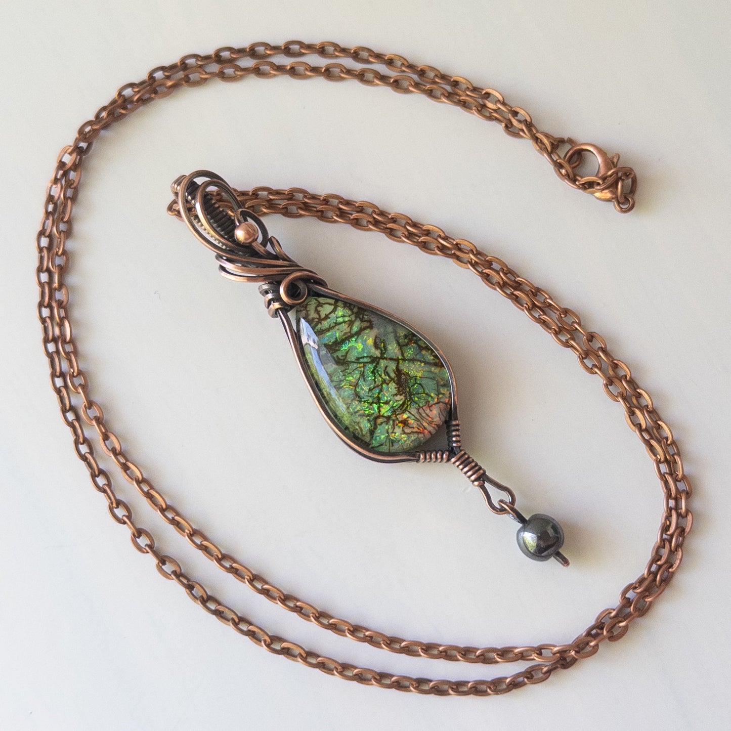 Monarch Opal & Hematite Antiqued Copper Wrapped Pendant
