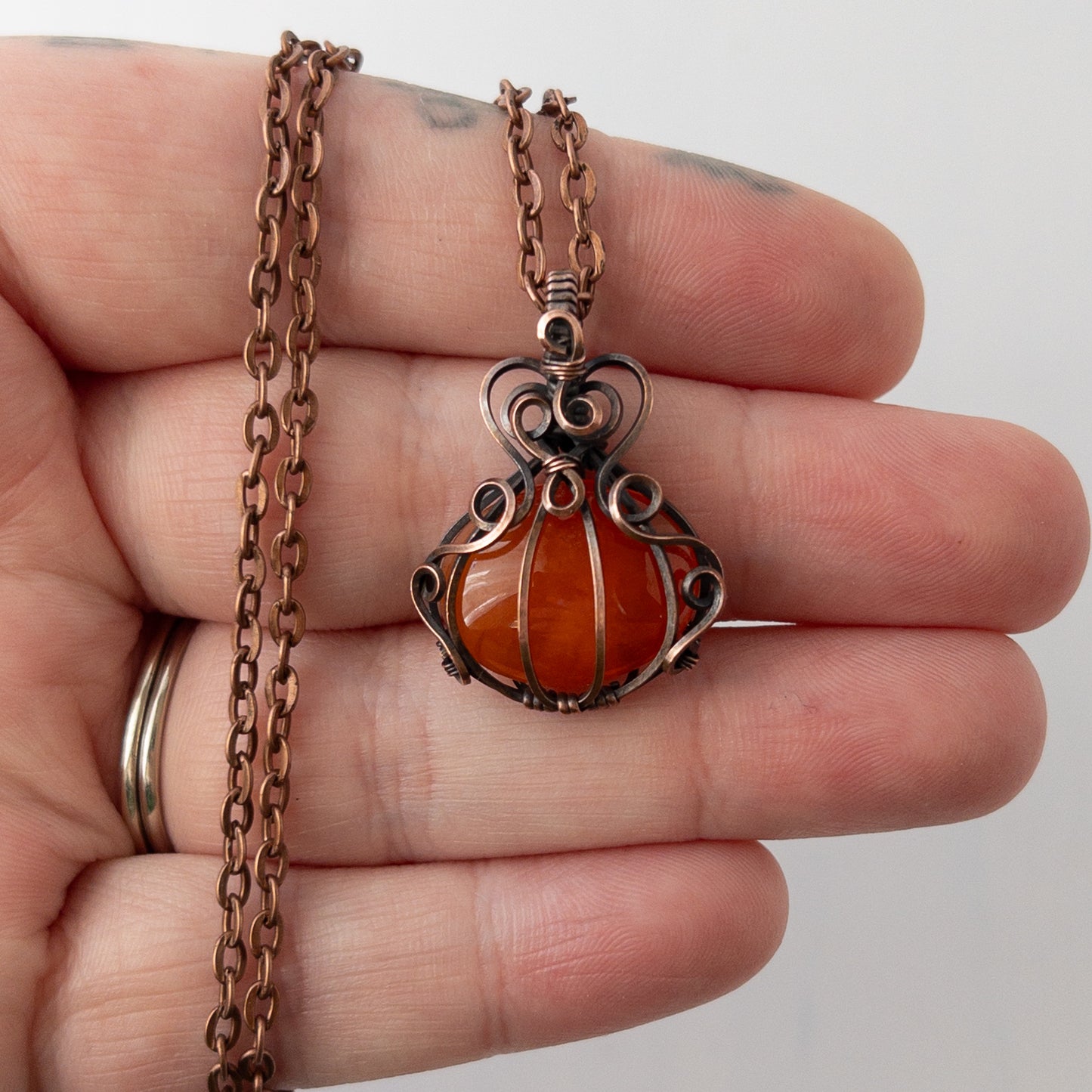 Orange Carnelian Pumpkin Antiqued Copper Wrapped Pendant
