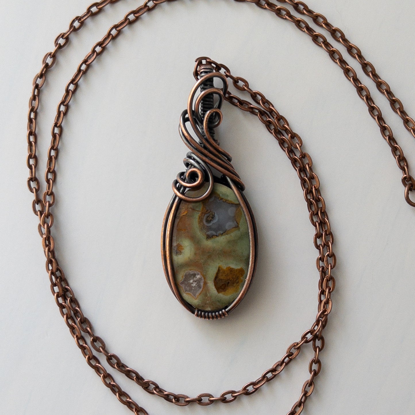 Rainforest Rhyolite Copper Wrapped Pendant