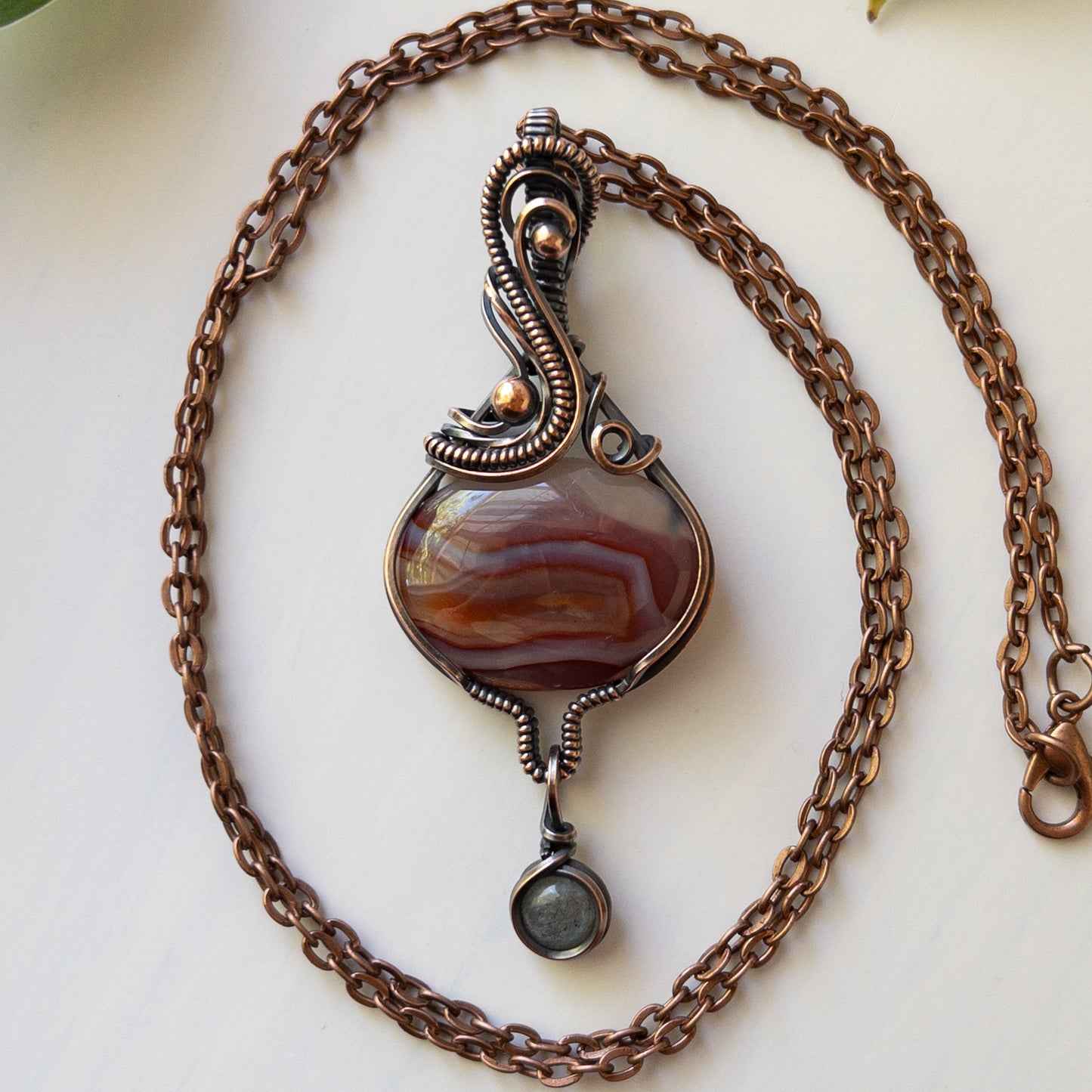 Colorful Banded Agate With Labradorite Charm Copper Wrapped Pendant