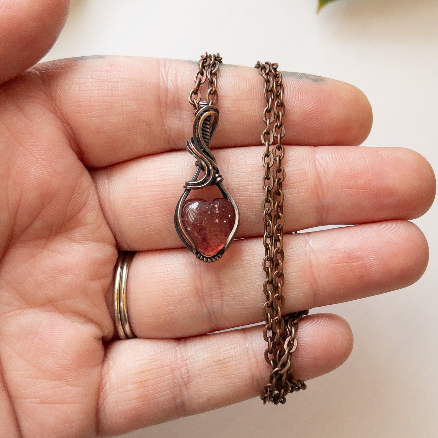 Mini Strawberry Quartz Heart & Copper Wrapped Pendant - C