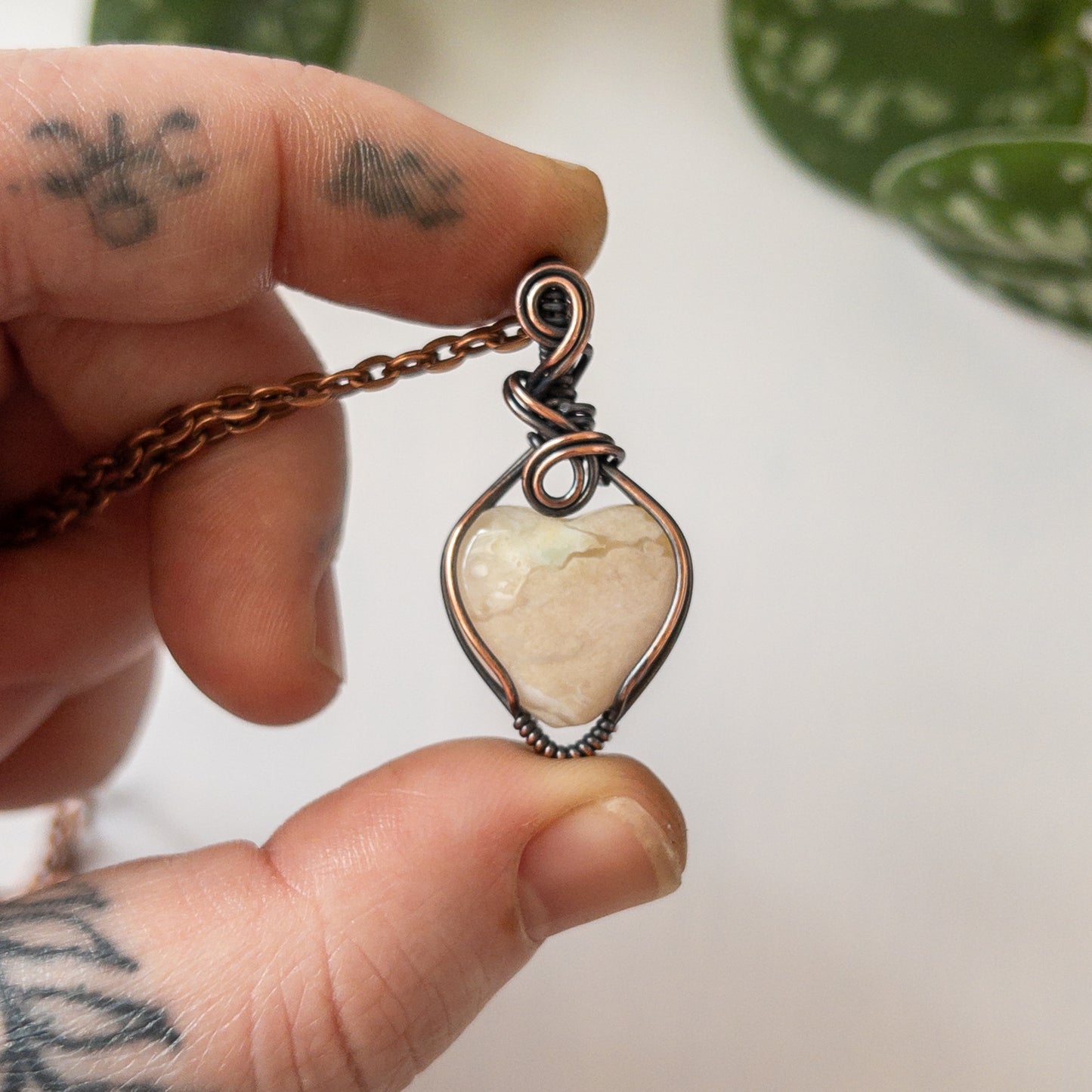 Flower Agate Heart Copper Wrapped Pendant - B