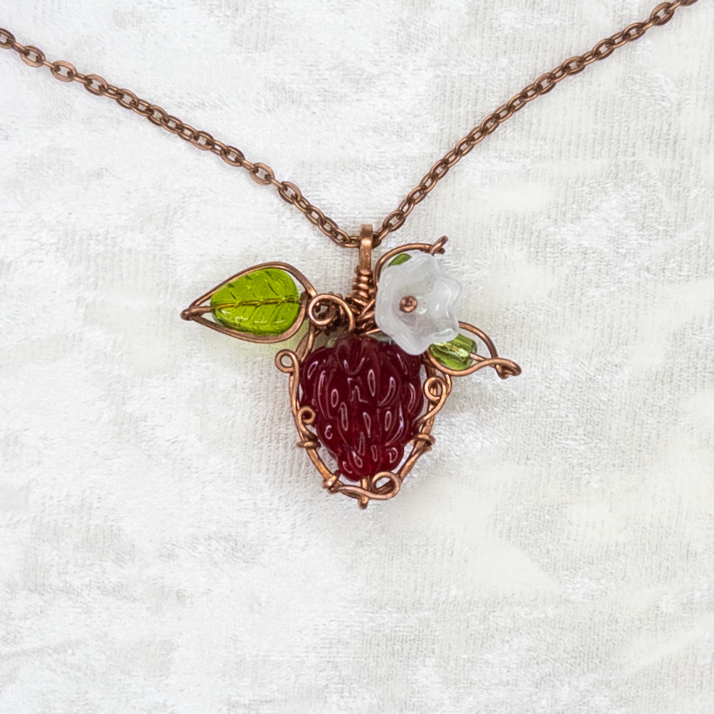 Whimsical Glass Raspberry Copper Wrapped Pendant with Glass Flower - B