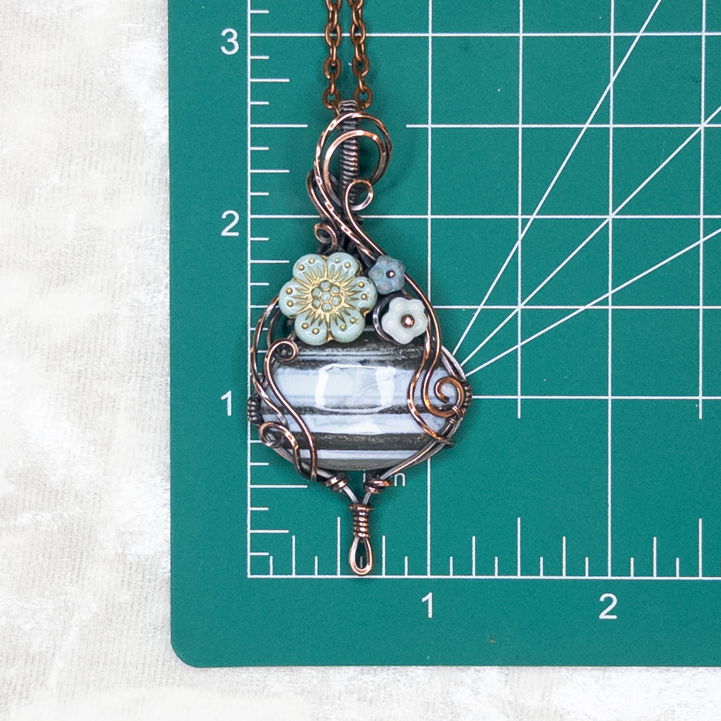 Banded Blue Opal & Czech Glass Antiqued Copper “Bouquet” Pendant
