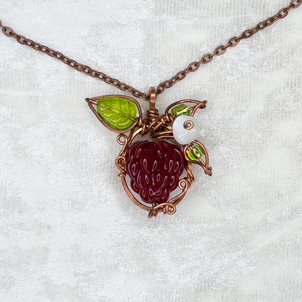 Whimsical Glass Raspberry Copper Wrapped Pendant with Shell Flower - D