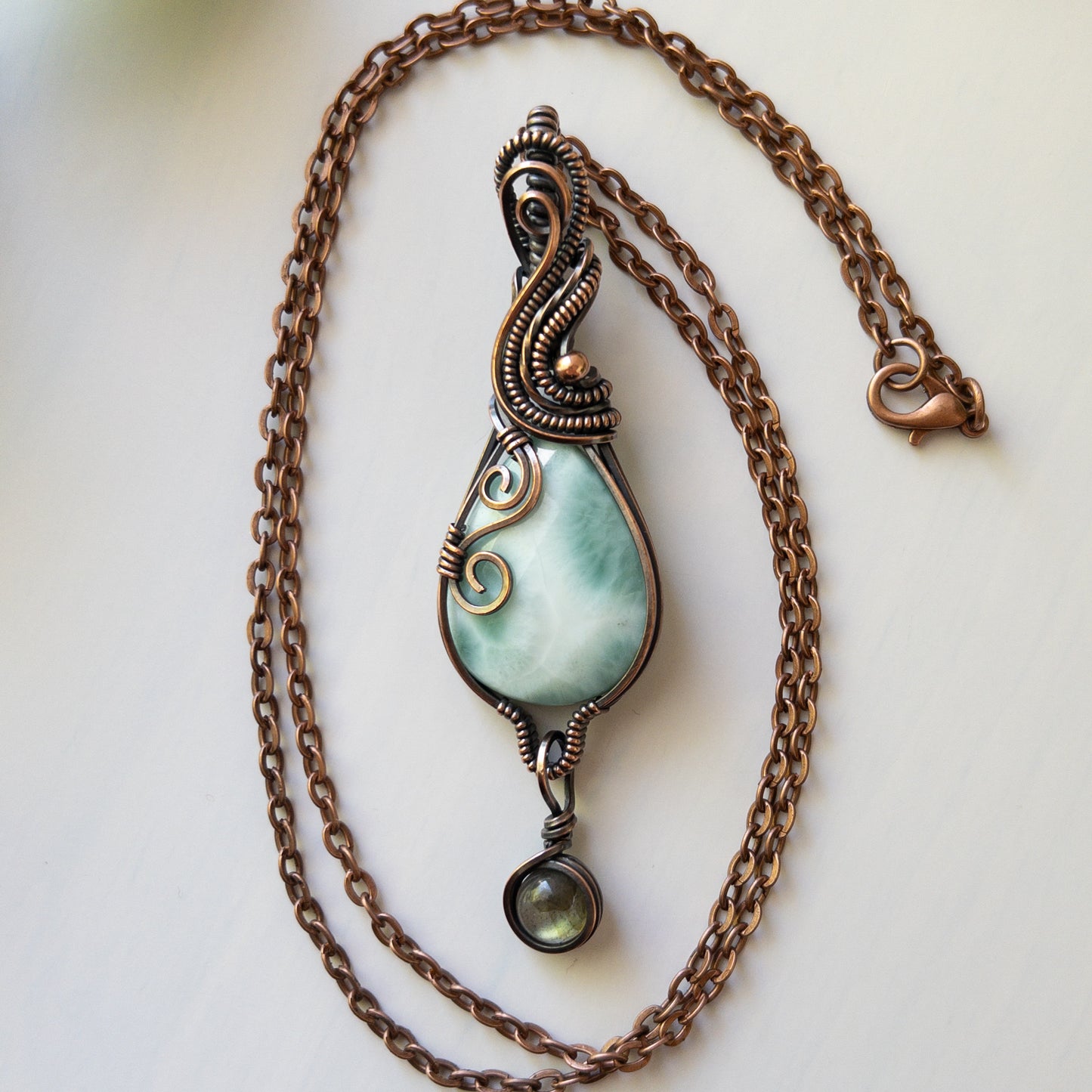 Faceted Larimar With Labradorite Charm Copper Wrapped Pendant