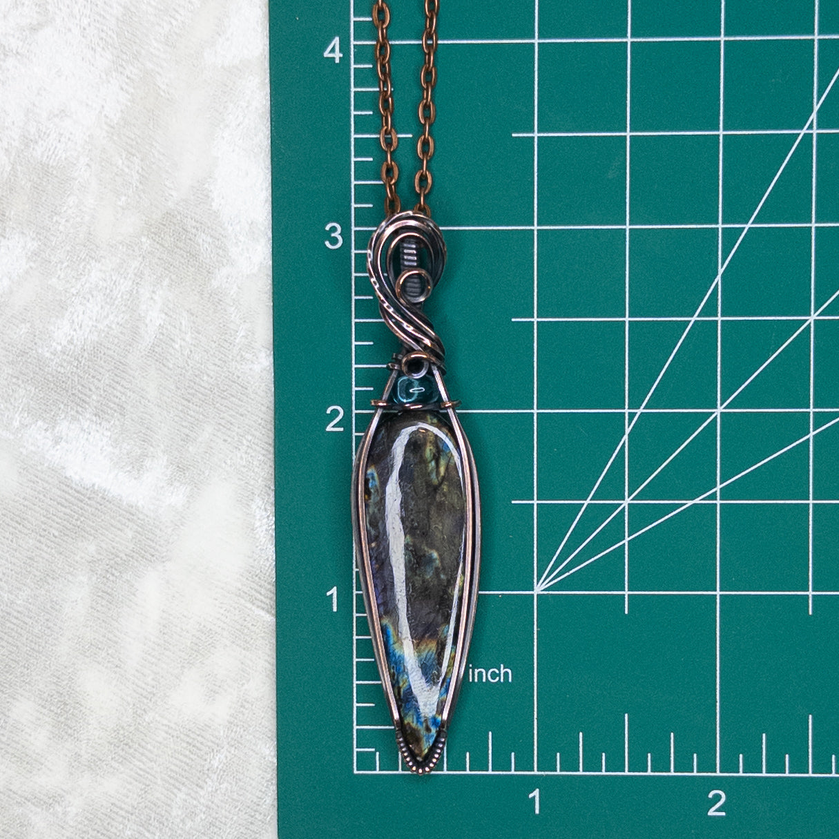 “Lightning Storm” Labradorite & Paraiba Apatite Antiqued Copper Wrapped Pendant