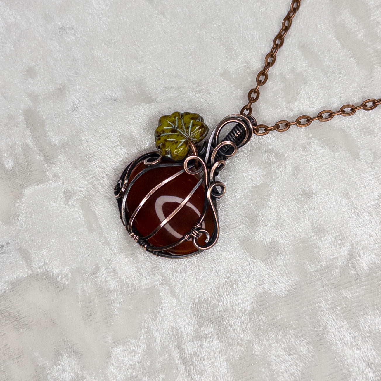 Red Carnelian Antiqued Copper Pumpkin Pendant With Czech Glass Leaf