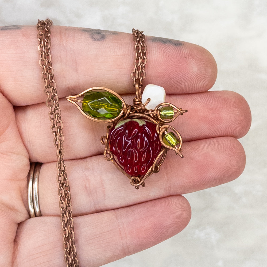Whimsical Glass Raspberry Copper Wrapped Pendant with Shell Flower - C