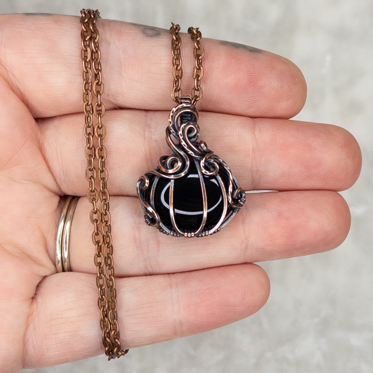 Obsidian Antiqued Copper Pumpkin Pendant