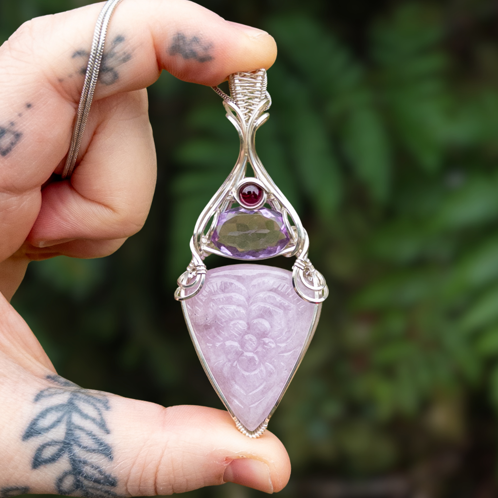 Floral Motif Carved Kunzite, Faceted Rose de France Amethyst, & Fuschia Garnet Solid Sterling Silver Wrapped Pendant