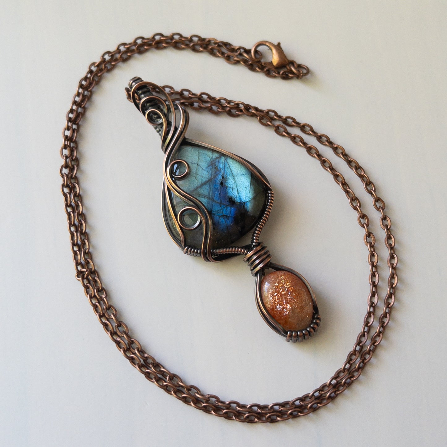 Labradorite & Sunstone Copper Wrapped Pendant