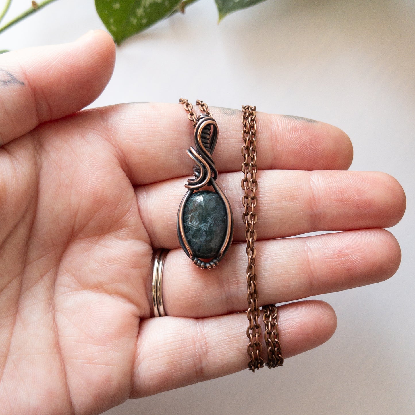 Moss Agate & Copper Wrapped Pendant