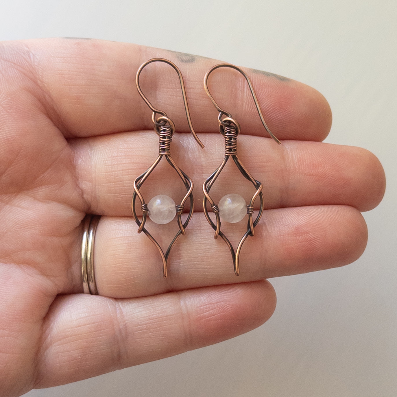 Rose Quartz Bead Antiqued Copper Wrapped Earrings