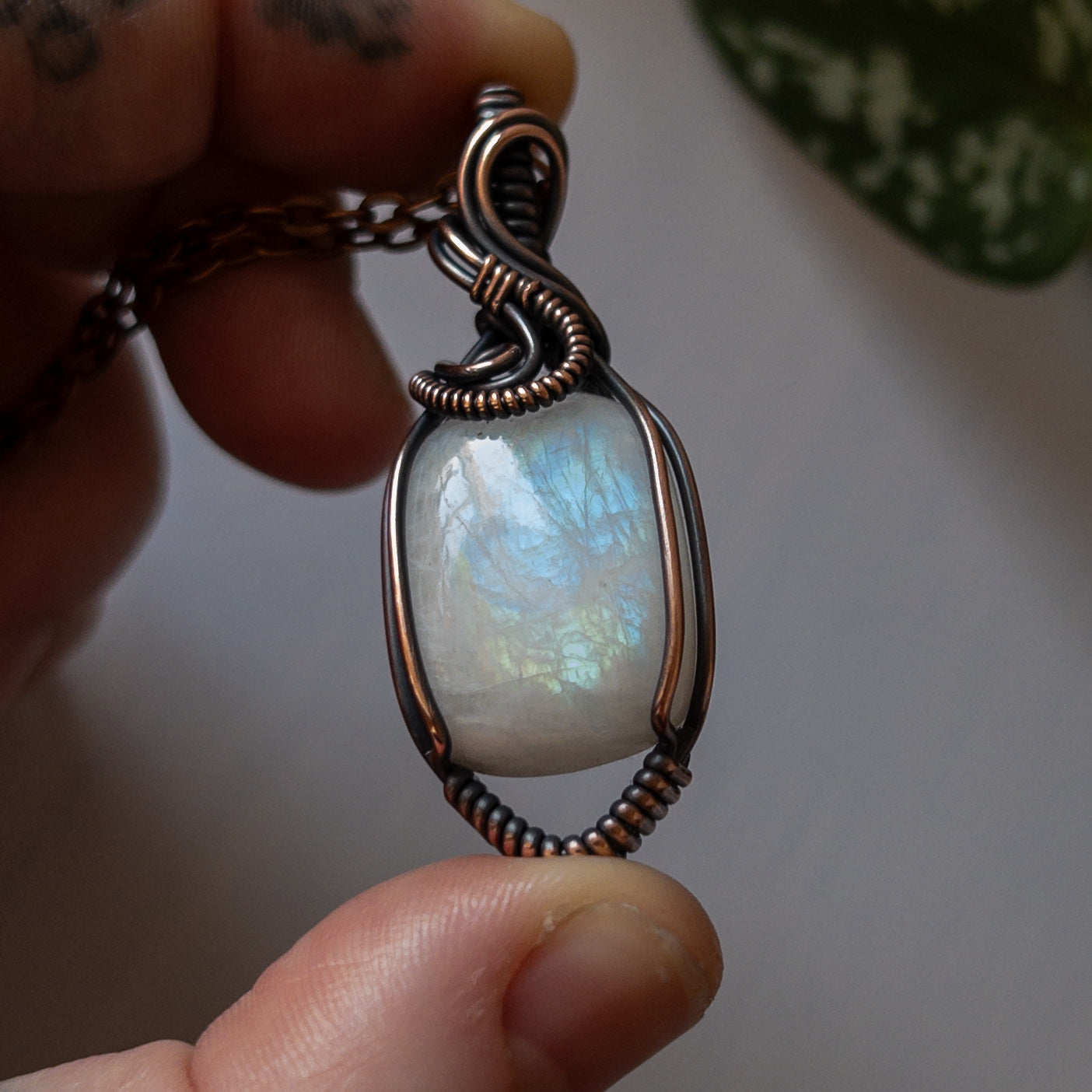 Rectangular Rainbow Moonstone & Copper Wrapped Pendant