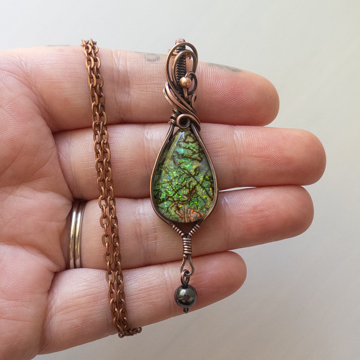 Monarch Opal & Hematite Antiqued Copper Wrapped Pendant