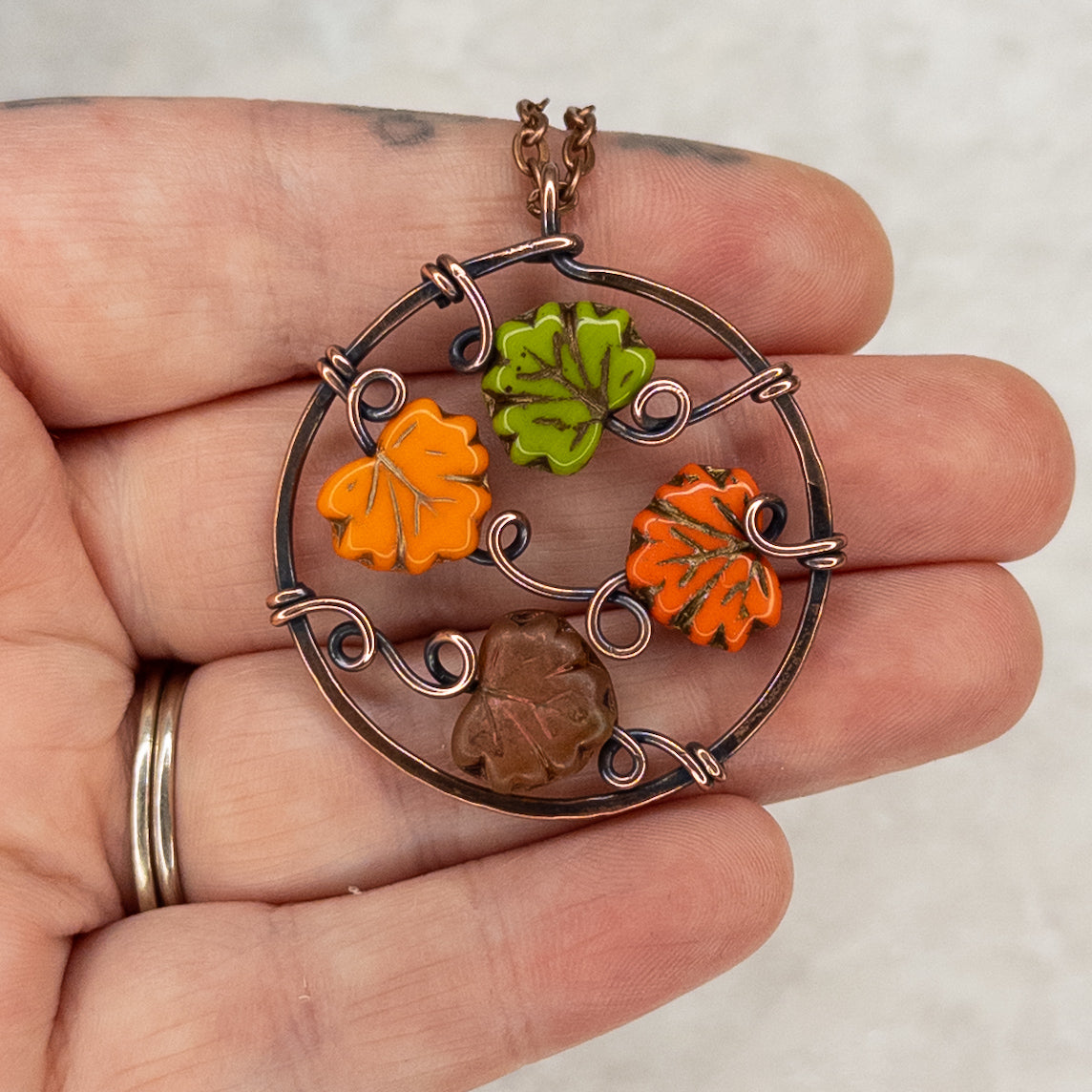 “Autumn Leaves” Antiqued Copper Pendant With Czech Glass Leaf Beads